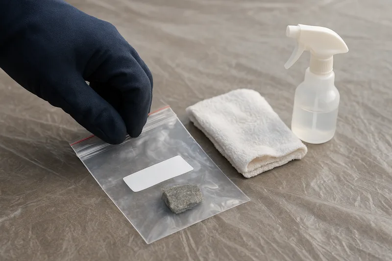 A dark-gloved hand pressing shut a clear zip bag holding a small grey fragment with a blank white label, a folded cloth and a spray bottle beside it on plastic sheeting — asbestos testing, Central Coast. Illustrative example.