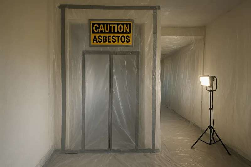 An older house hallway sealed floor to ceiling in taped clear plastic sheeting with a zip-flap doorway, a yellow sign reading CAUTION ASBESTOS above it and a work light on a stand — friable asbestos removal, Central Coast. Illustrative example.