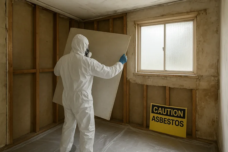 A stripped laundry with bare timber studs and a frosted window, plastic sheeting on the floor, a person in white coveralls, hood and respirator lifting away one flat pale wall sheet whole, and a yellow sign reading CAUTION ASBESTOS leaning on the wall — asbestos removal before renovation or demolition, Central Coast. Illustrative example.