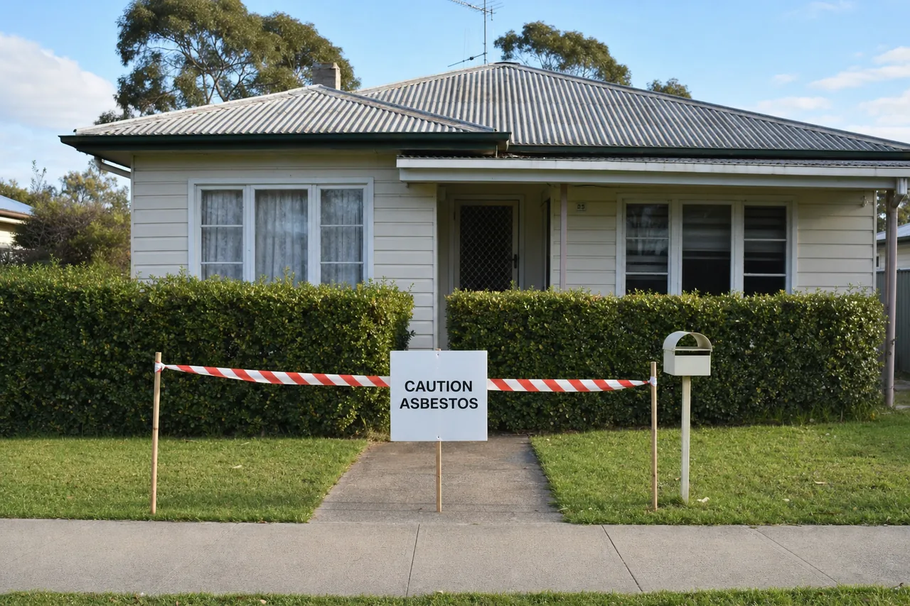 A single-storey cream weatherboard cottage with a hipped corrugated roof behind a clipped hedge and lawn, red-and-white tape strung between two stakes across the concrete front path, with a white sign reading CAUTION ASBESTOS beside it — asbestos removal, Central Coast. Illustrative example.